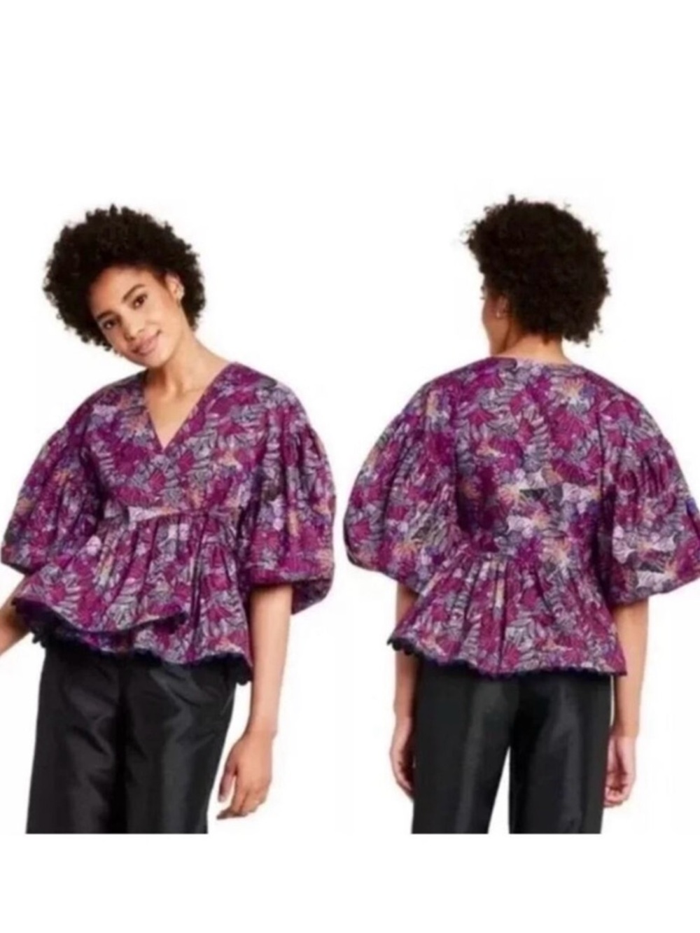 Kika Vargas For Target Colorful Purple Floral Balloon Sleeve Wrap Blouse Size 3X
